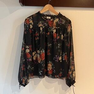 Wilfred Floral Sheer Blouse, Black, Size M, Relaxed Flowy Fit